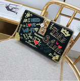 Personality Doodle Letter Cartoon Pattern Fashion ladies clutch bag Pu Leather chain purse For Women Mini Messenger Bag Pouch