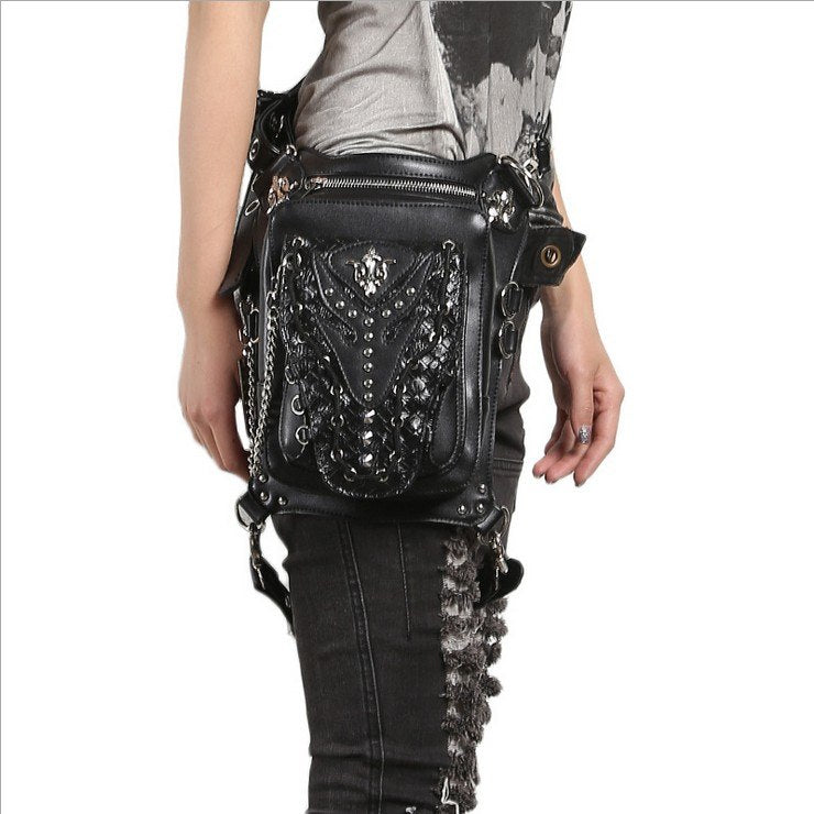 Punk Personality Women/Men Black Leather Steampunk Mini Waistbag Motorcycle Leg Thigh Holster Bag
