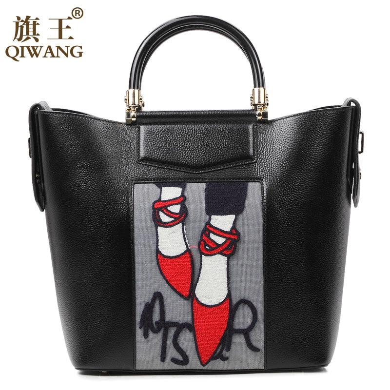 Qiwang Embroidery Handbag Woman Luxury Fashion Shoes Bag Real Leather Tote Bag Paris Brand Designer Handbag France Fashion Bag