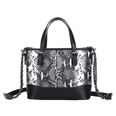 Luxury Large Capacity Women Leather Tote Bags Chains Serpentine PU Shopper Bag Black Snake Top-hand Bag New 2018