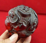 Rare Collection Chinese Handwork Amber Carving Dragon Tiger 12 Zodiac Animals Statue Fitness Ball