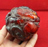 Rare Collection Chinese Handwork Amber Carving Dragon Tiger 12 Zodiac Animals Statue Fitness Ball