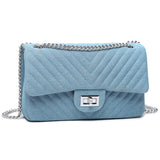 brand high quality designer blue denim bag handbags clutch crossbody satchles diamond lattice metal silver chain totes