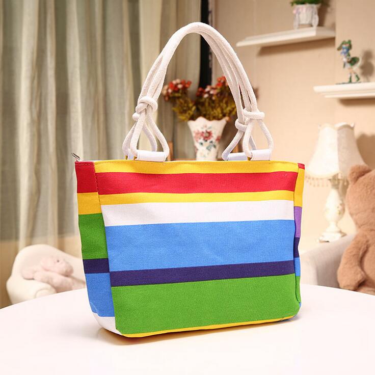 Women's Striped Colorful Rainbow Canvas Handbag 2017 Summer Bohemia Shopping Beach Bag Big Travel Shoulder Tote Bag B351