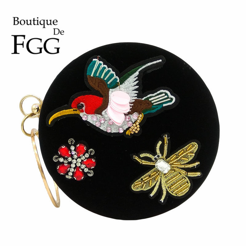 Round Circular Embroidery Bird Flower Crystal Women Evening Wristlets Purse Metal Day Clutches Handbag Party Box Clutch Bag