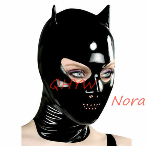 Sexy Handmade Latex Face Mask Female Exotic Latex Full Breath Hoods Mask with Ears Cekc Lingerie Uniform Anime Cosplay Costume