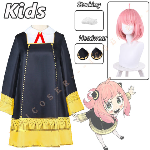 Spy X Family Anya Forger Cosplay Costume 2022 Anime Kids Black Dress Kawaii Girls Women Pink Wig Party Outfit Loid Daughter