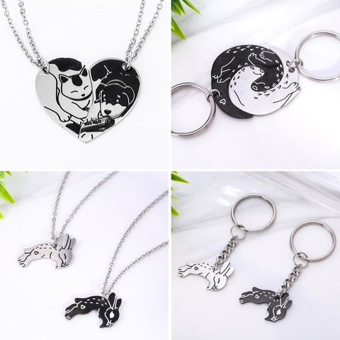 Stainless Steel Yin Yang Cat&Dog Otter Rabbit Necklace Keychain Couples Jewelry
