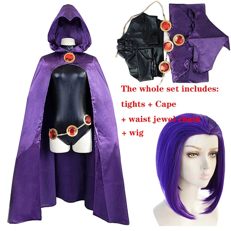 Teen Titans Raven Cosplay Costume Superhero Cloak Jumpsuits Zentai Halloween Tight clothes + Cape + waist jewelry chain