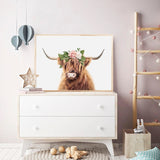Highland Cow With Flower Crown Art Print Girls Nursery Wall Art Canvas Painting Farm Animal Cow Nordic Poster Living Room Decor