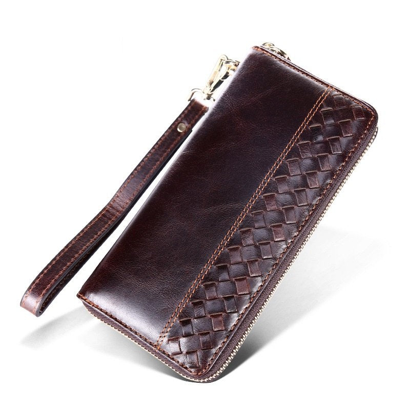 Vintage Genuine Leather Walle Men Long Zipper Oil Wax Cowhide Weave Purse Fashion Design Clutch Bag Card Coin Cash Clip