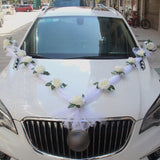 White Rose Artificial Flower for Wedding Car Decoration Bridal Car Decorations + Door Handle Ribbons Silk Flower