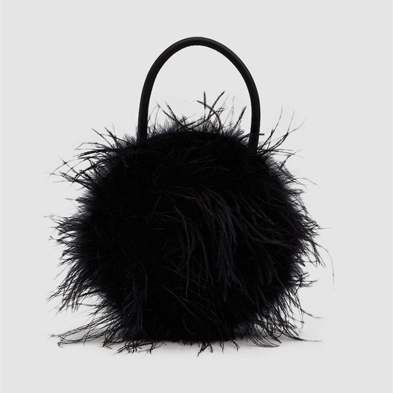 Winter Fur Lady Top-handle Handbags Lady Clutch Round Ostrich Feathers Evening Party Bag Small Brand Chic Purses  ping