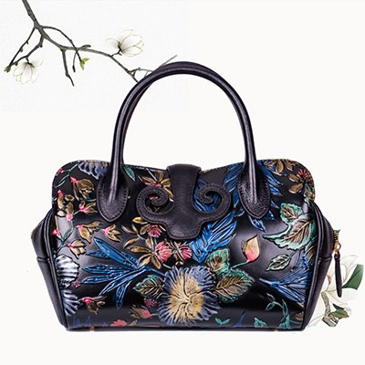 Women Blossom Handbag 2018 Handmade Genuine Leather Messenger Crossbody Bags Retro Hand Painted Ladies Shoulder Luxury Bags