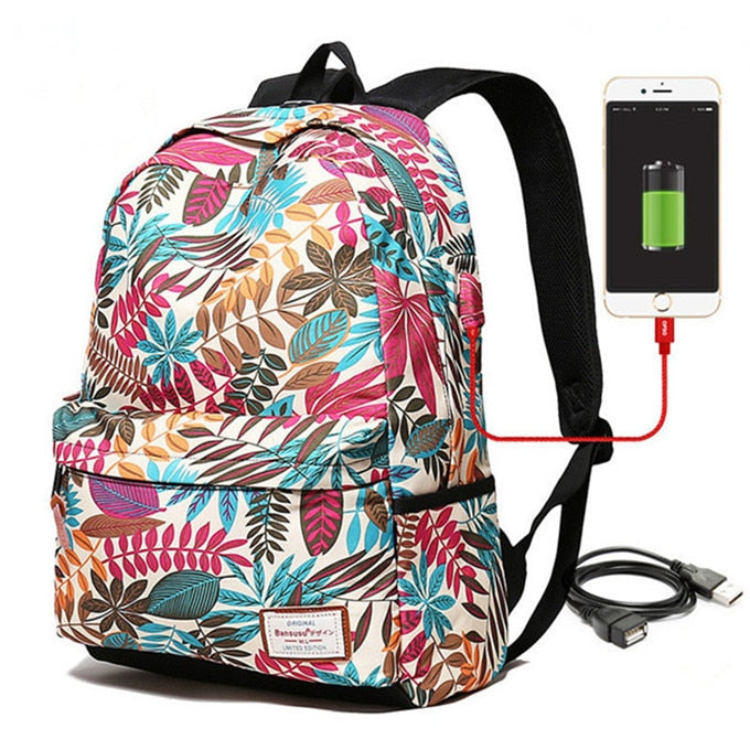 Women USB charging laptop backpack for teenage girls scho backpack bag Printing Female Backpacks for college students