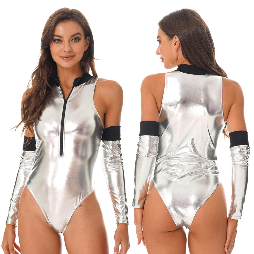 Womens Astronaut Cosplay Costume Outfits Shiny Patent Leather Sleeveless Bodysuit Zipper Mock Neck Catsuit with Oversleeve