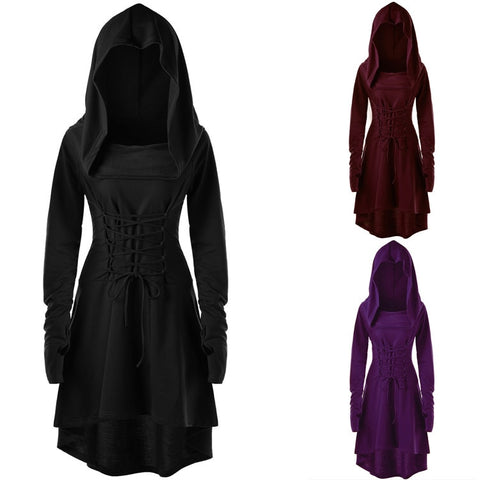 Womens Long Sleeve Lace-up Cloak Cape Gothic Dresses Solid Colors Vintage Medieval Hooded Party Witch Dress Halloween Costume #