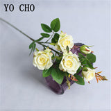 YO CHO Artificial Flower 5 Head Silk Rose DIY Flower Arrangement Long Stem Fake Rose Decor Wedding Wall Girl Home Party Decor