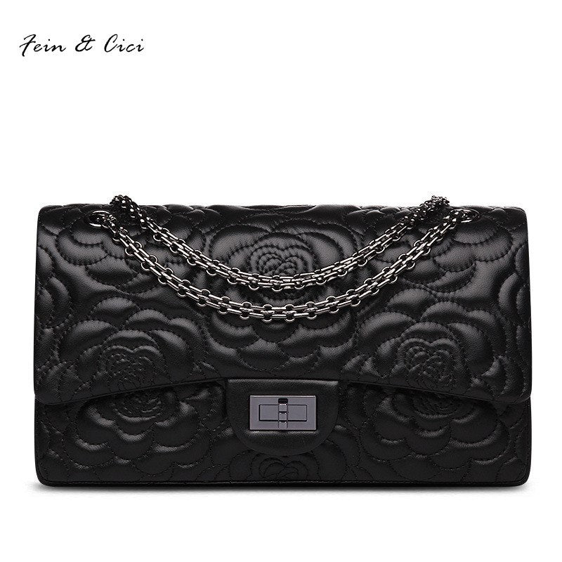 genuine leather shoulder bag flowers chains flap bag handbag women 100% sheepskin classic luxury brand shoulder bag black white
