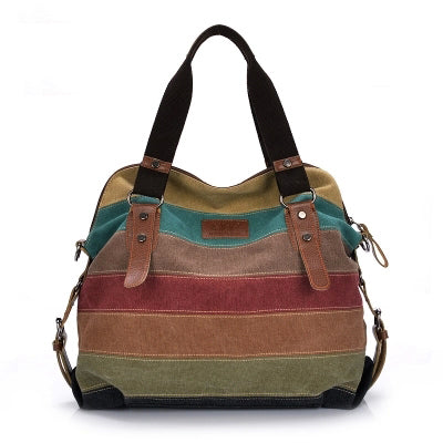 Canvas Striped Women Messenger Bags High Quality Casual Tote Big Handbag Scho Shoulder Bag with long bel bolsas