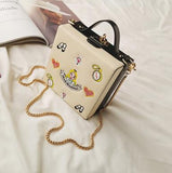 pu cartoon character embroidery flowers alphabe Alice box bag gold chain ladies handbag shoulder bag messenger bag